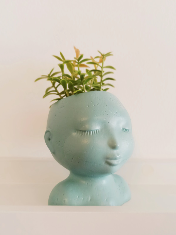Pot en forme de visage, en Jesmonite, couleur aqua, pour fleurs, crayons