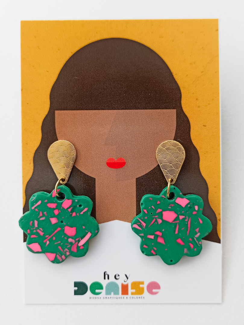 Boucles oreilles Elsa jesmonite vert terrazzo rose heydenise